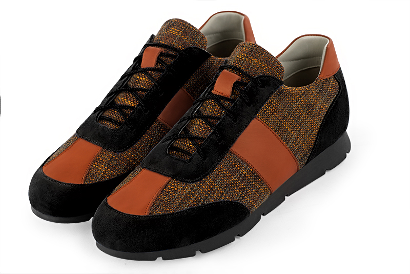 Matt black and terracotta orange two-tone dress sneakers for men. Round toe. Flat rubber soles - Florence KOOIJMAN
